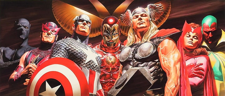The Avengers, Avengers, Black Panther (Marvel Comics), Capitán América, Hawkeye, Iron Man, Scarlet Witch, Thor, Vision (Marvel Comics), Fondo de pantalla HD HD wallpaper