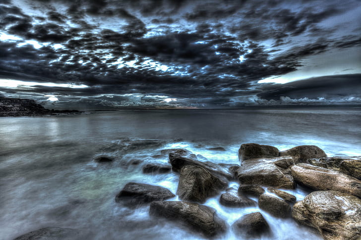 landscape photography of rocks on seawater under cloudy sky during daytime, Glowing, Light, landscape photography, rocks, seawater, cloudy, sky, daytime, seascape, sydney, sunrise, snapshot, skies, australia, waves, canon, composition, capture, color, lee filters, beautiful, nature, sea, rock - Object, water, beach, long Exposure, landscape, coastline, scenics, wave, sunset, outdoors, dusk, blue, beauty In Nature, HD wallpaper