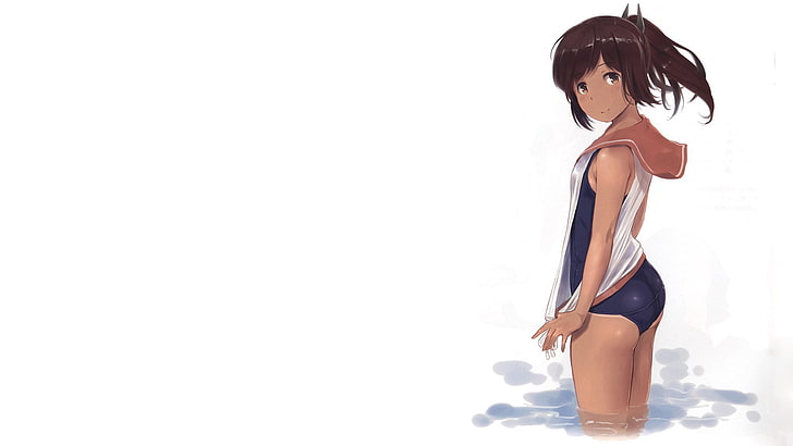 school swimsuits, white  background, brown skin, Kantai Collection, HD wallpaper