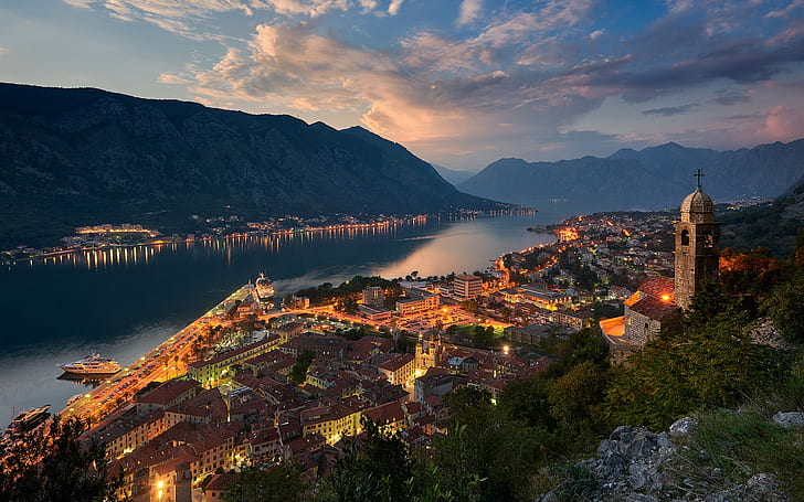 الجبل الأسود ، المساء ، الخليج ، المدينة ، الجبال ، المنازل ، الأضواء ، مونتينيغرو ، المساء ، الخليج ، المدينة ، الجبال ، المنازل ، الأضواء، خلفية HD