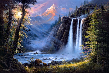 водопад живопис, изкуство, вечер, упадък, падания, мечки, HD тапет HD wallpaper