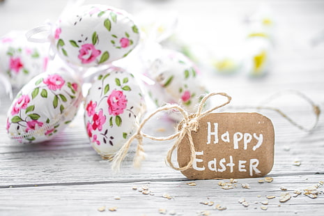 ¡Feliz Pascua !, huevo, deco, flor, pascua, blanco, rosa, tarjeta, Fondo de pantalla HD HD wallpaper