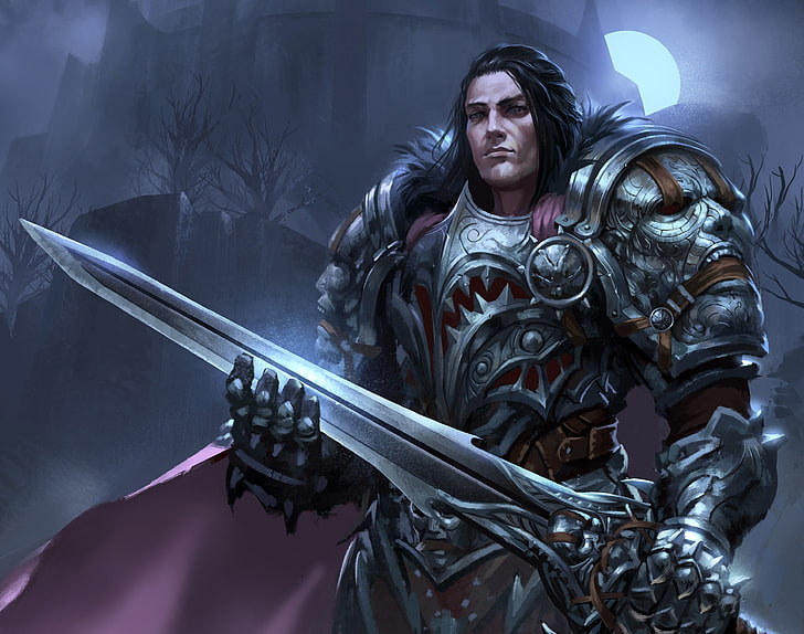 male with sword game character digital wallpaper, night, sword, armor, warrior, art, male, castle. the moon, HD wallpaper
