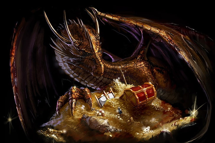 brown dragon and treasure illustration, dragon, gold, fantasy art, HD wallpaper