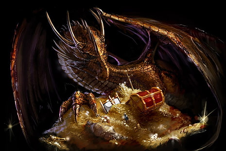 brown dragon and treasure illustration, dragon, gold, fantasy art, HD wallpaper HD wallpaper