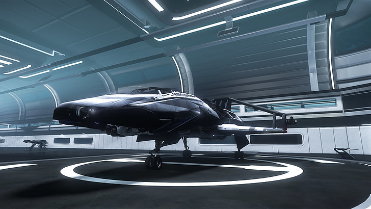 طائرة سوداء بالقرب من الجدار الرمادي ، Star Citizen ، ألعاب فيديو ، فن رقمي ، سفينة فضاء، خلفية HD