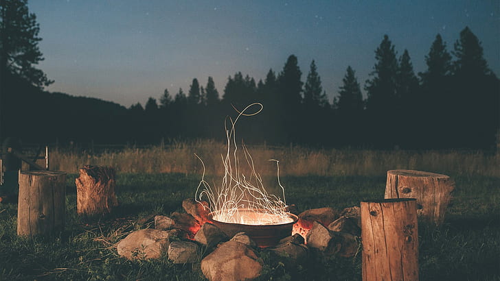 field, long exposure, campfire, tree stump, fire, HD wallpaper