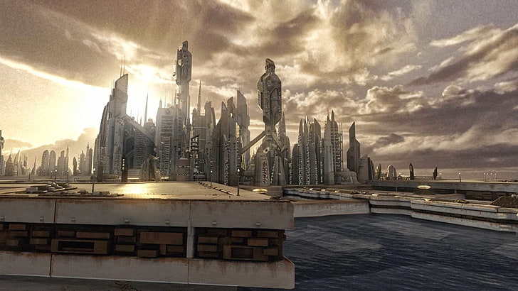 edifício de concreto branco, Stargate, Atlantis, cidade futurista, arte digital, HD papel de parede