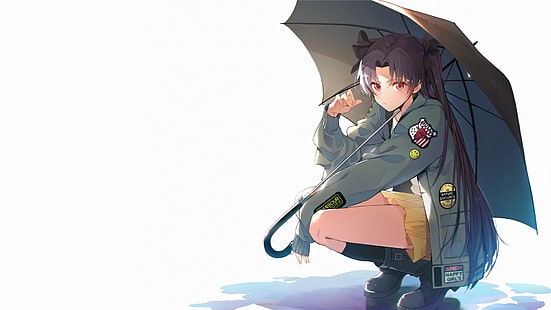Anime, Manga, Anime Girls, Minimalismus, einfacher Hintergrund, Regenschirm, Zöpfe, Tohsaka Rin, Fate / Grand Order, Fate Series, HD-Hintergrundbild HD wallpaper