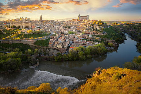 flod, byggnad, hem, panorama, Spanien, Toledo, floden Tagus, floden Tagus, HD tapet HD wallpaper
