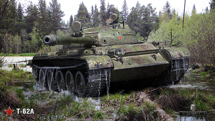 รถถังต่อสู้ T-62A สีเขียว, ป่า, บึง, รถถัง, สหภาพโซเวียต, ค่าเฉลี่ย, THE T-62A, World of Tanks Tanks, วอลล์เปเปอร์ HD