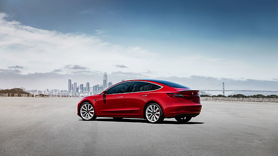 Tesla Motors, Tesla Model 3, Mobil, Mobil Mewah, Mobil Merah, Wallpaper HD HD wallpaper