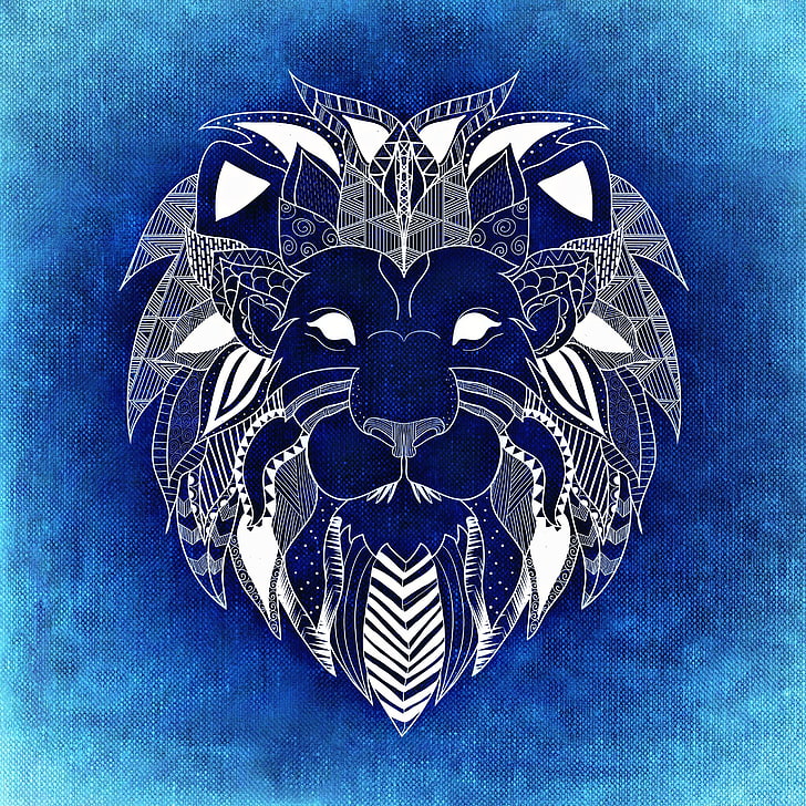 white lion head illustration, lion, art, patterns, blue, white, HD wallpaper