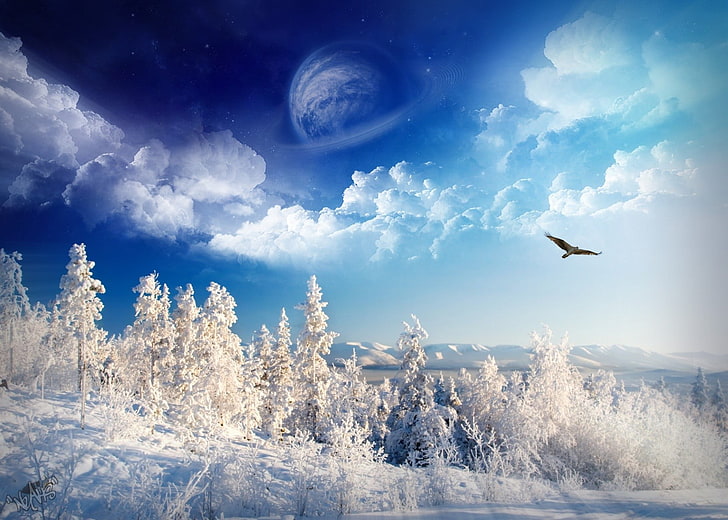 artwork of snow field, winter, space art, landscape, nature, HD wallpaper