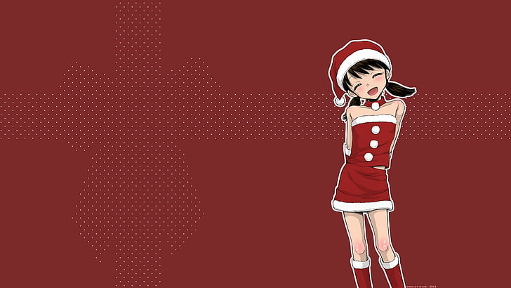 чернокосо момиче аниме, облечено в рокля на Дядо Коледа, Коледа, TAMACHI Yuki, аниме, манга, аниме момичета, HD тапет