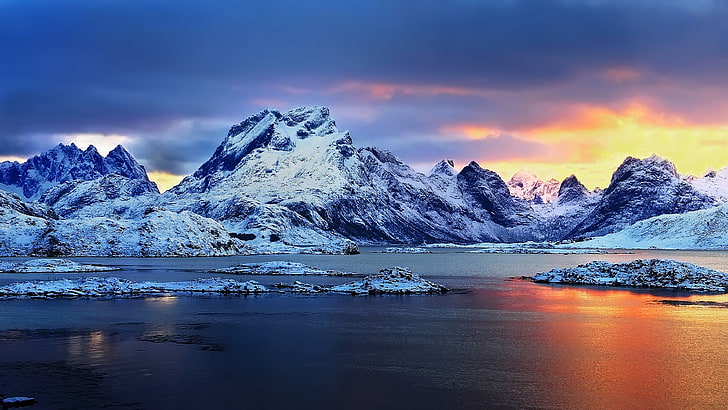 노르웨이 일몰 설 산 겨울 풍경 Hd 벽지 와이드 스크린 3840 × 2160, HD 배경 화면