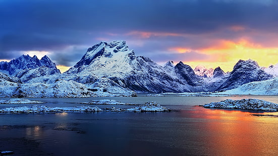 خلفية غروب الشمس في النرويج ، والجبال الثلجية ، والمناظر الطبيعية الشتوية ، عالية الدقة ، شاشة عريضة 3840 × 2160، خلفية HD HD wallpaper