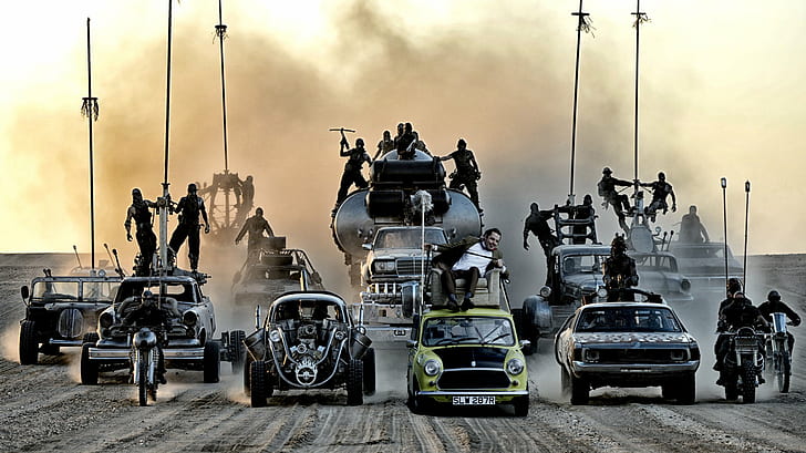 Mr. Bean, Mad Max, film, desert, mash-up, Photoshop, Wallpaper HD