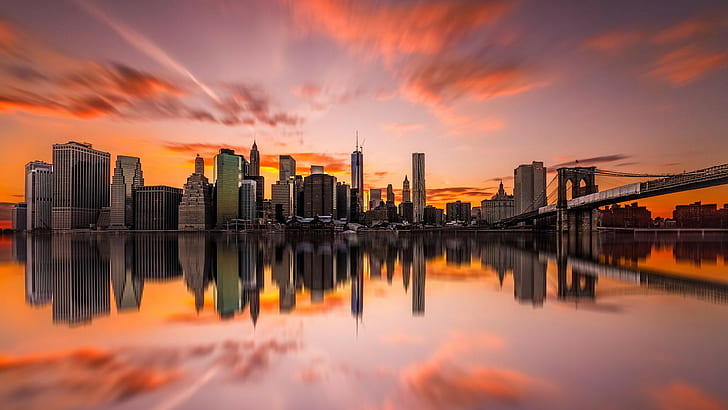 paisaje urbano, urbano, ciudad de Nueva York, reflejo, puesta de sol, Fondo de pantalla HD