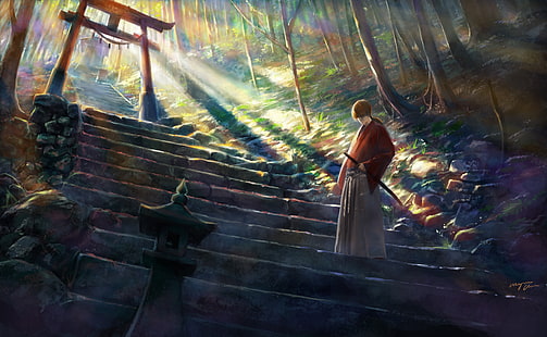 ภาพวาด Kenshin Himura Samurai X, rurouni kenshin, himura kenshin, samurai, katana, วอลล์เปเปอร์ HD HD wallpaper