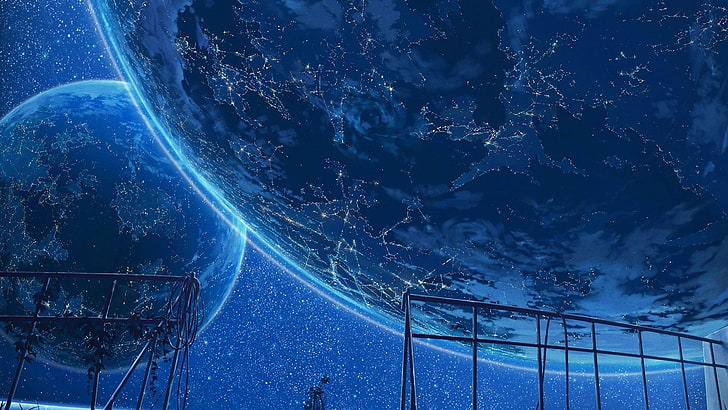 blauer planet illustration, grafik, konzeptkunst, fantasiekunst, anime, planet, himmel, sternen, nacht, HD-Hintergrundbild
