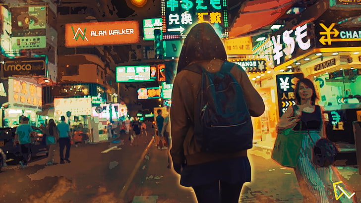 blue backpack, Alan Walker, digital art, music, artwork, city, urban, HD wallpaper