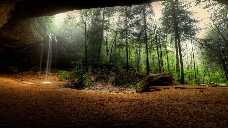 forest, nature, waterfall, cave, HD wallpaper