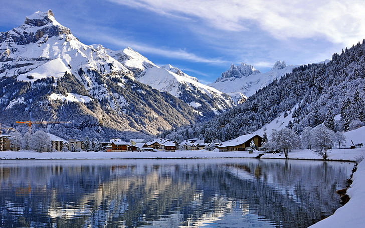 пейзаж, планини, езеро, сняг, Швейцария, природа, вода, HD тапет