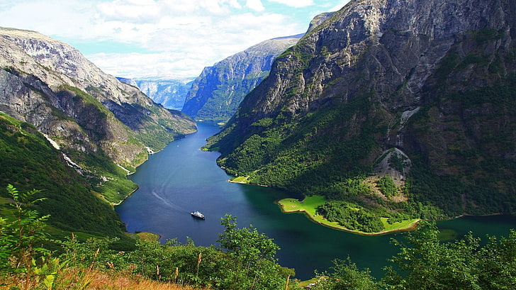 berg, fotografie, beschaffenheit, landschaft, fjord, berge, boot, norwegen, HD-Hintergrundbild