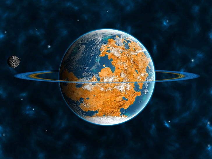 Universe planet, blue and orange earth planet, universe, planet, ring, satellite orbit, HD wallpaper
