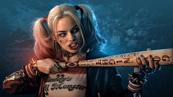 kvinnor, Harley Quinn, Suicide Squad, pigtails, skådespelerska, blondin, basebollträ, konstverk, HD tapet HD wallpaper
