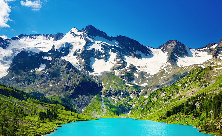 청록색 산 호수, 호수 알프스 벽지, 자연, 호수, 청록색, 산, 호수, HD 배경 화면