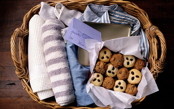 white and grey striped towel, basket, cookies, box, things, linen, towel, note, HD wallpaper