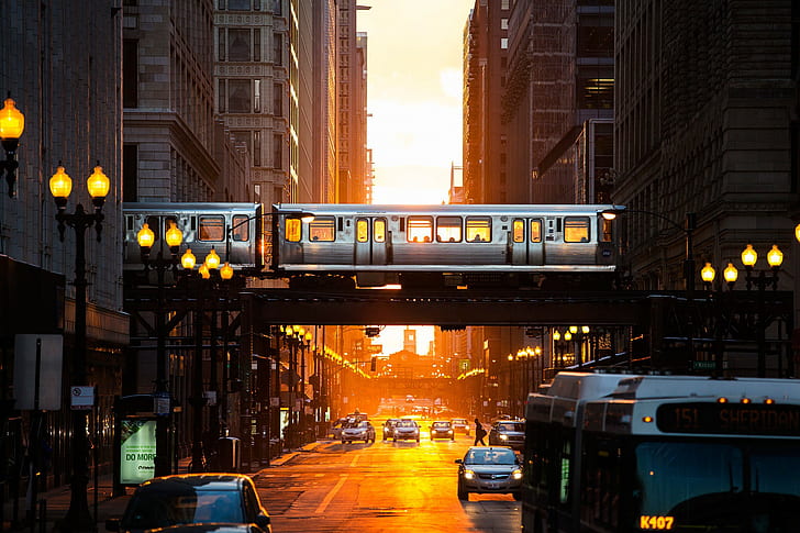 Ciudad estadounidense de Chicago, ciudad estadounidense de Chicago, vagones del metro, calle, luz del atardecer, Fondo de pantalla HD