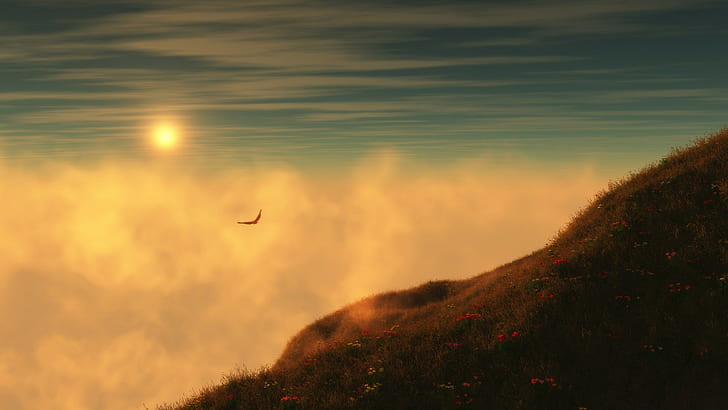 ธรรมชาติท้องฟ้านกพระอาทิตย์ตกเมฆหญ้าภูเขาแสงแดด, วอลล์เปเปอร์ HD