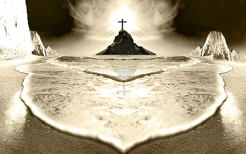 Christian Cross Background, zdjęcie w sepii przedstawiające górę z krzyżem, religijne, chrześcijańskie, krzyż, Tapety HD HD wallpaper