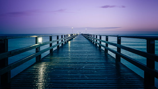 sea, pier, horizon, ocean, sky, purple sky, calm, dusk, dock, zinnowitz, germany, europe, seebruecke bridge, baltic sea, HD wallpaper HD wallpaper