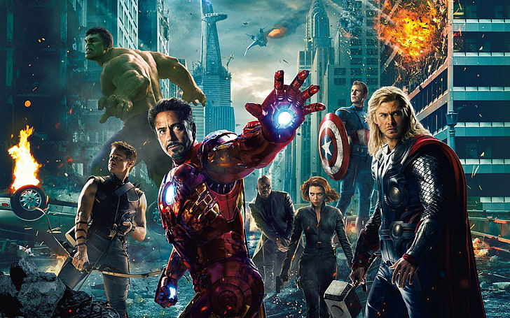 Papel de parede digital dos Vingadores da Marvel, Os Vingadores, Hawkeye, Homem de Ferro, Hulk, Viúva Negra, Capitão América, Thor, Nick Fury, Scarlett Johansson, HD papel de parede