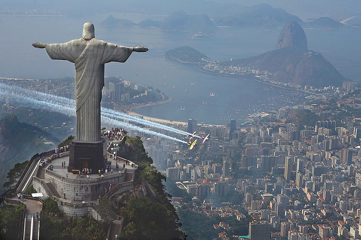 Рио-де-Жанейро, статуя, Христос-Искупитель, следы, вид с воздуха, городской пейзаж, самолеты, HD обои