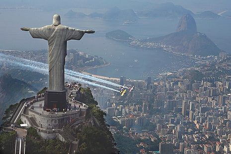 Rio de Janeiro, statue, Christ the Redeemer, contrails, aerial view, cityscape, aircraft, HD wallpaper HD wallpaper