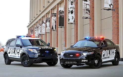 черен Ford Taurus седан и черен Ford Explorer SUV, Ford, полиция, джип, Taurus, седан, spec.version, Explorer, Police Interceptor, HD тапет HD wallpaper
