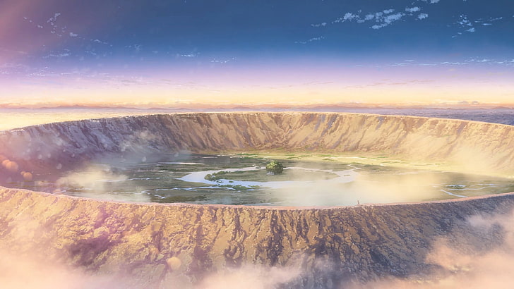 zielona trawa otoczona górską tapetą, Makoto Shinkai, Kimi no Na Wa, anime, Tapety HD