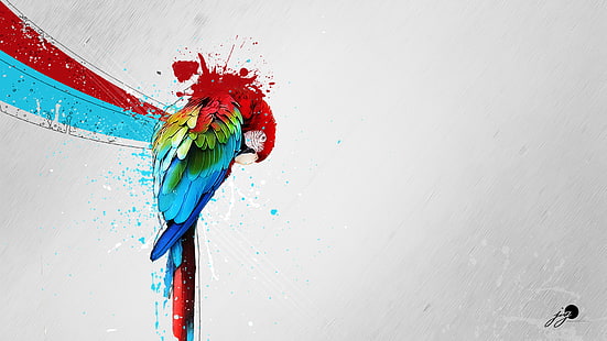 scarlet macaw painting, artwork, parrot, paint splatter, macaws, simple background, animals, colorful, abstract, digital art, HD wallpaper HD wallpaper