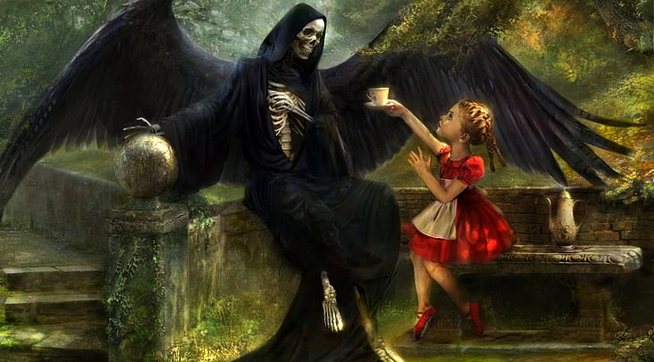 Grim Reaper e ragazza pittura, opere d'arte, fantasy art, morte, tè, bambini, scarpette da ballo, Sfondo HD
