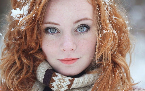 червенокоса, сняг, жени, жени на открито, бледо, шал, лице, Freyja Vanden Broucke, лунички, сини очи, HD тапет HD wallpaper
