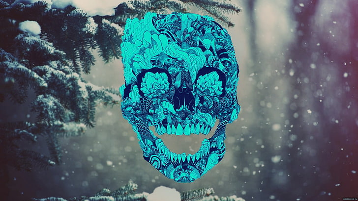 청록 두개골 그림, 두개골, 숲, 디지털 아트, 겨울, 눈, HD 배경 화면