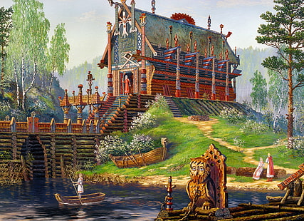 river, boat, spring, temple, painting, art, history, Vsevolod Ivanov, Russian folklore, late spring, The Temple Of Svetovid, Slavic, HD wallpaper HD wallpaper