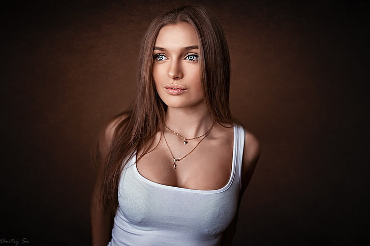 women's white tank top, women, portrait, simple background, necklace, T-shirt, Dmitry Shulgin, Anya, HD wallpaper