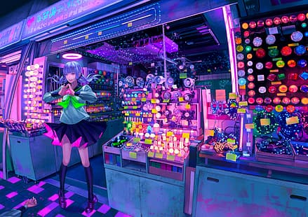 vaporwave, cyberpunk, anime, negozio, Sfondo HD HD wallpaper