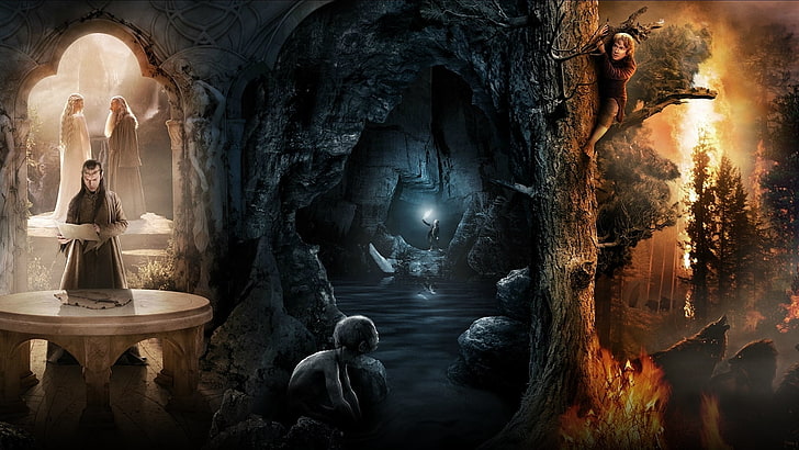 jaskinia i las tapeta cyfrowa, las, drzewo, ogień, kolaż, Władca pierścieni, elfy, wilki, jaskinia, Gollum, Gandalf, Hobbit, Niezwykła podróż, Galadriel, Gandalf Szary, Bilbo, Elrond, Tapety HD